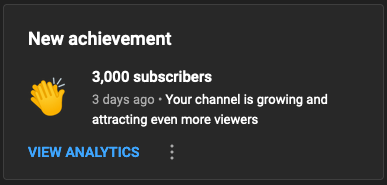 A screenshot of the YouTube achievement for 3,000 subscribers.