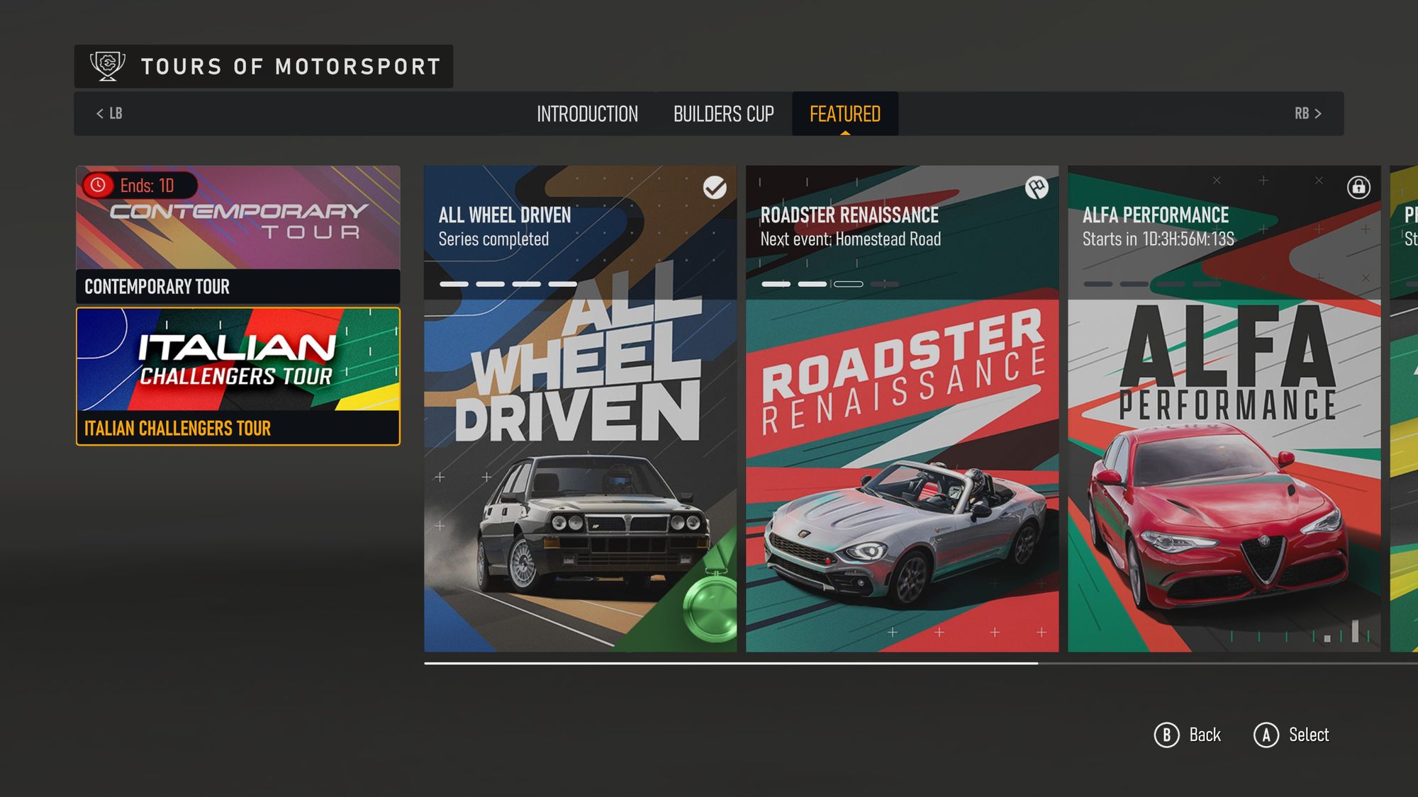 A screenshot of Forza Motorsport's career mode. There are a mere two tours shown, one of which has a prominent "Ends: 1D" badge.