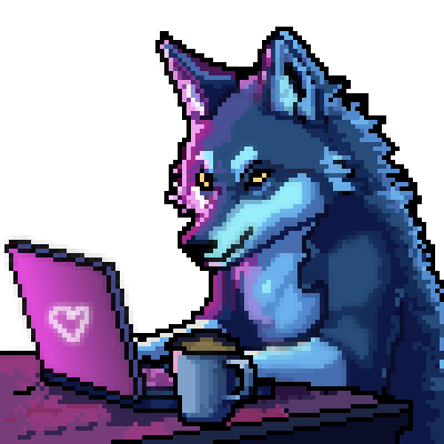 A pixelated wolf sits at a laptop, with a cup of tea. The laptop has a pink case and a heart logo, with pink light reflected off the wolf's fur, that notoriously reflective material.