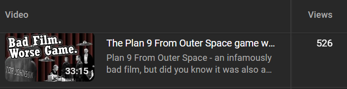 A screenshot of a video about Plan 9 From Outer Space and its associated adventure game, having garnered a whole 526 views.