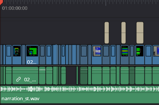 A snip of a DaVinci Resolve timeline, containing a single long audio narration track with a bunch of small video clips above it.